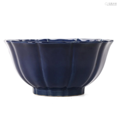 A SACRIFICIAL BLUE-GLAZED LOBED BOWL