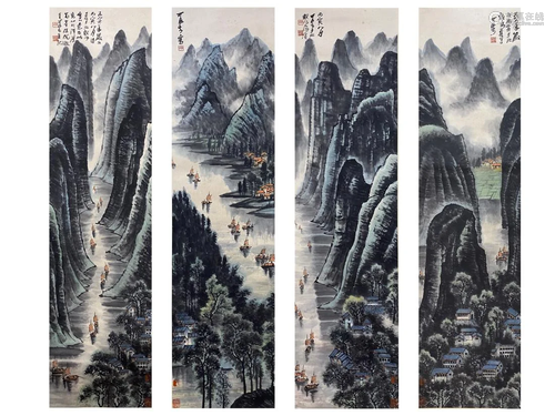 FOUR-PANEL PAINTING OF LANDSCAPE, LI KERAN