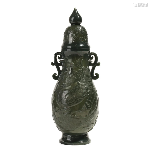 A SPINACH-GREEN JADE 'DRAGON' VASE