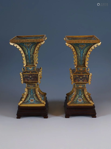 PAIR OF CLOISONNE ENAMELED GU VASES ON BASE