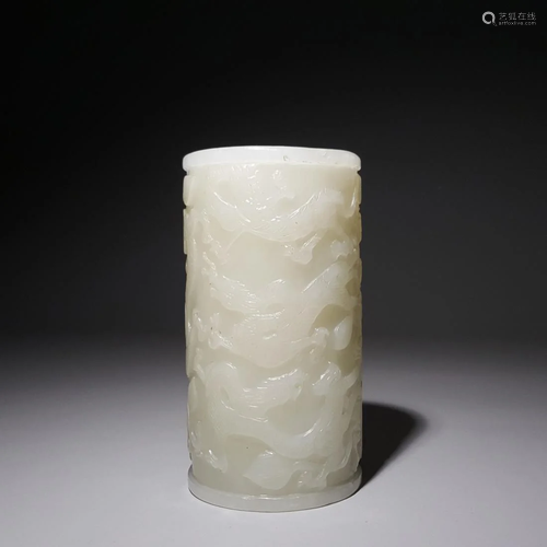 DRAGON RELIEFS WHITE JADE CARVING BRUSH POT