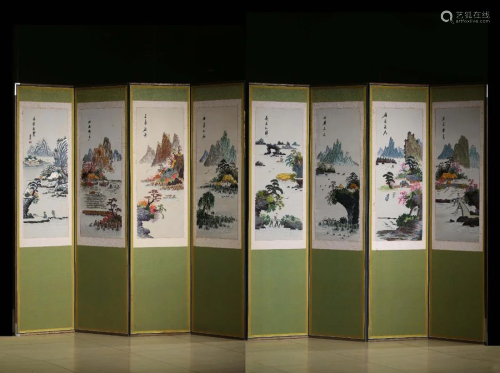 EIGHT-PANEL SILK EMBROIDERY 'LANDSCAPE' SCREEN