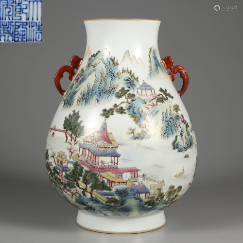 A Famille Rose Landscape Zun Vase Qing Dynasty