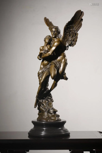 BRONZE STATUE OF CUPID & PRUSAK ON MARBLE STAND