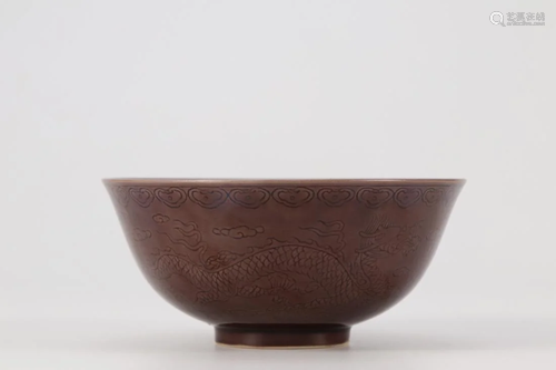 PURPLE GLAZED DRAGON-ENGRAVED PORCELAIN BOWL