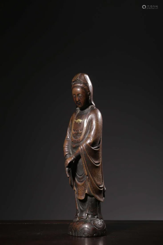 SILVER INLAID BRONZE FIGURINE OF GUANYIN