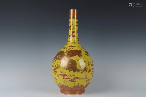 IRON-RED GLAZED 'DRAGON& PHOENIX' BILE BOTTLE VASE