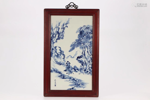 FRAMED BLUE AND WHITE 'NARRATIVE' PORCELAIN PLAQUE