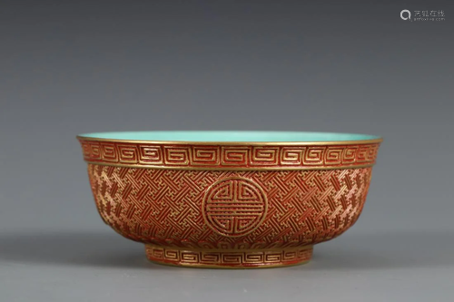 RED GLAZED GOLD PAINTED 'SHOU' PORCELAIN BOWL