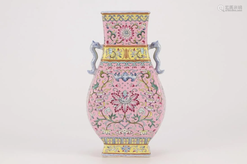 FAMILLE ROSE FLORAL DOUBLE-EAR ZUN VASE