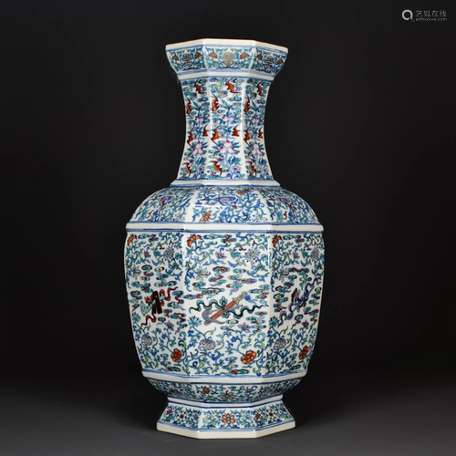 DOUCAI 'FU AND LU' OCTAGONAL VASE