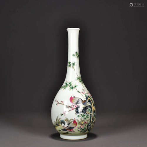 ENAMELED 'BIRD & FLOWER' LONG NECK VASE