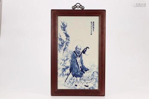 FRAMED BLUE & WHITE 'BUDDHA ' PORCELAIN PLAQUE