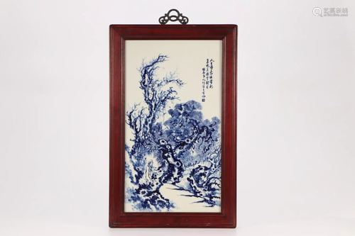 FRAMED BLUE & WHITE 'TREE & MAN' PORCELAIN PLAQUE