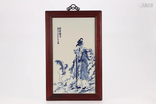 FRAMED BLUE AND WHITE FIGURAL PORCELAIN PLAQUE