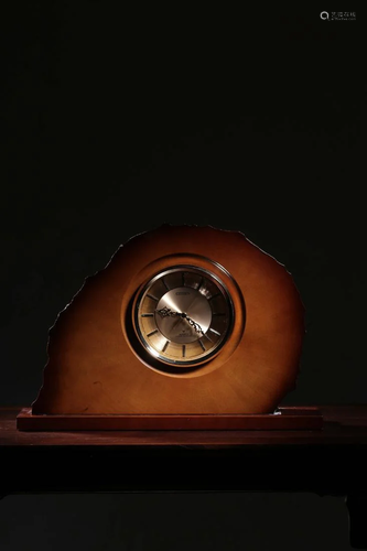 SILVER INLAID CLOCK INSERTED ON WOOD STAND