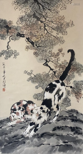 A CHINESE PAINTING OF YAWNING CATS, XU BEIHONG
