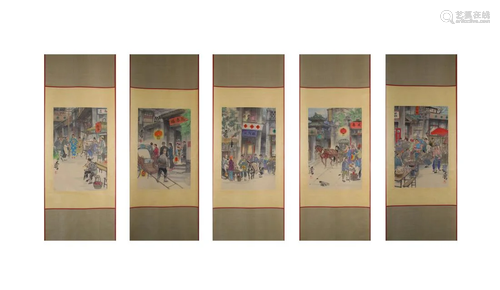 FIVE-PANEL PAINTING OF STREET MARKET, HUANG ZHOU