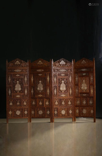 FOUR-PANEL ROSEWOOD OPENWORK FOLDED SCREEN