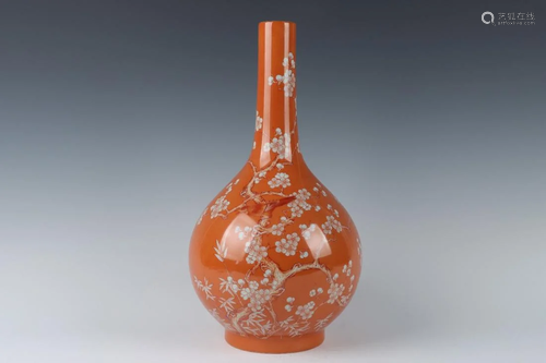 CORAL-RED GLAZED 'PLUM BLOSSOM' BILE BOTTLE VASE