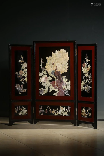 SHOUSHAN STONE INLAID WOOD LACQUERED FOLDING SCREEN