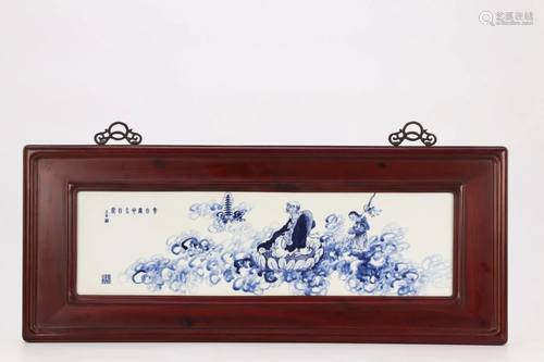 FRAMED BLUE&WHITE 'BUDDHA FIGURE' PORCELAIN PLAQUE