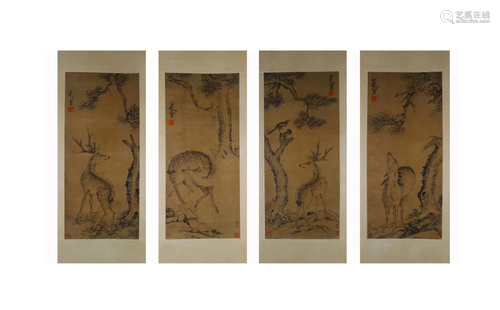 FOUR-PANEL PAINTING OF DEER, BADA SHANREN