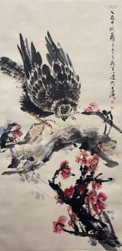CHINESE PAINTING OF A PERCHED EAGLE, WANG XUETAO