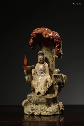 SHOUSHAN STONE CARVING FIGURINE OF GUANYIN & NICHE