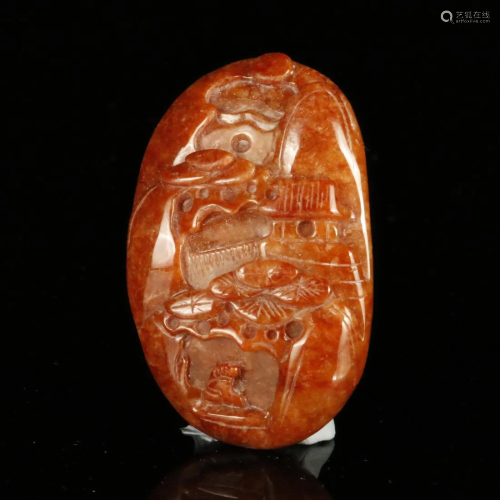 RED JATEITE CARVING 'PAVILION VIEW' PENDANT