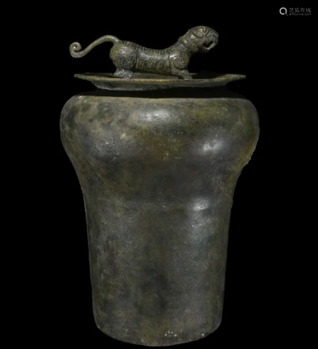 Chinese Bronze Vessel w Tiger Finial