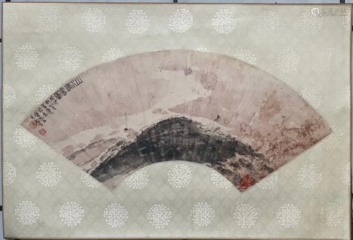 Chinese Ink Color Fan Painting w Calligraphy