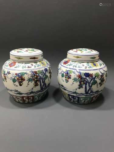 Chinese Doucai Porcelain Lid Jar,Pair