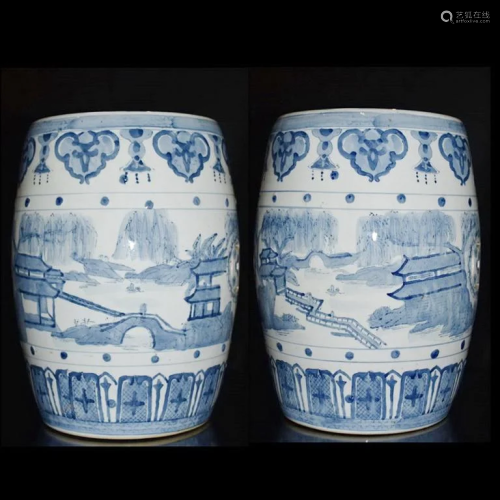 Pair Chinese Blue and White Porcelain Gu Stool