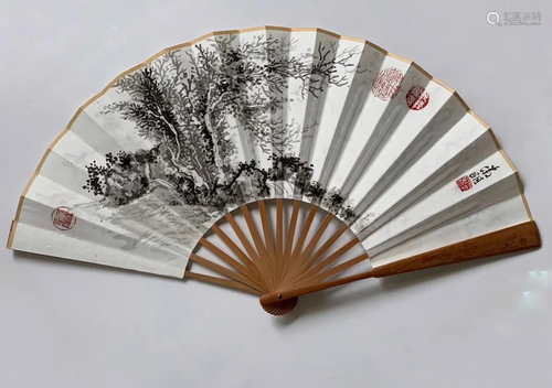 Chinese Ink Color Fan w Painting and Calligraphy