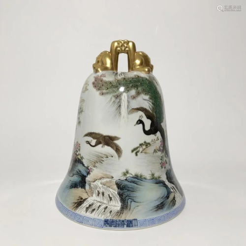 Chinese Famille Rose Porcelain Bell w Calligraphy