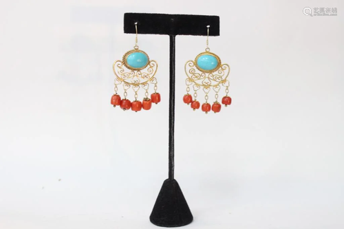 Pair of Silver Earring w Coral and Turquoise