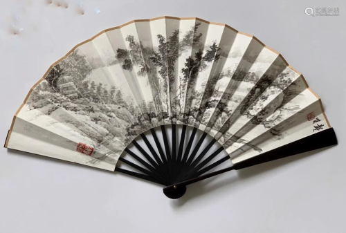 Chinese Ink Color Fan w Painting and Calligraphy