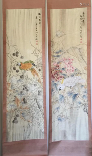 Chinese Ink Color Scroll Painting Set,Signed