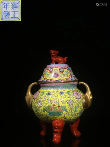 Chinese Hand Paint Famille Rose Tripod Censer,Mark