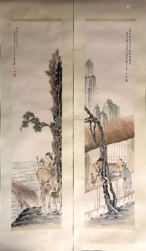 Pair of Chinese Ink Color Scroll Paintings