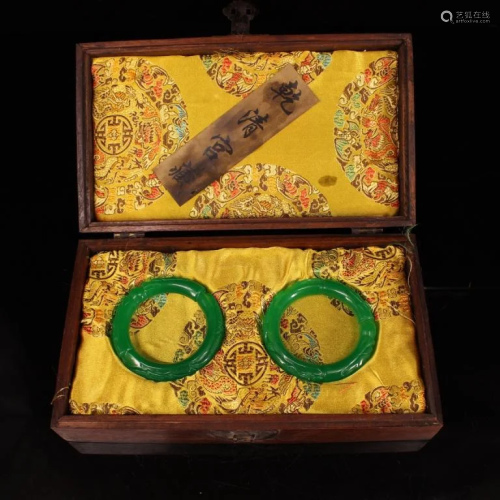 Two Chinese Green Bangles w Case