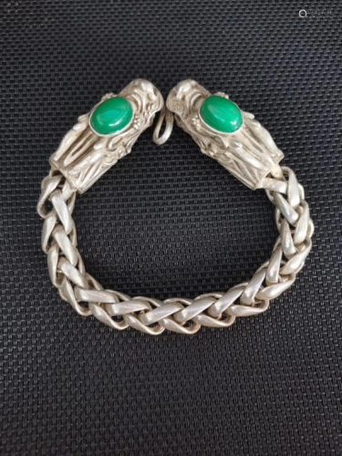 Chinese Bracelet w Green Stone Inlaid