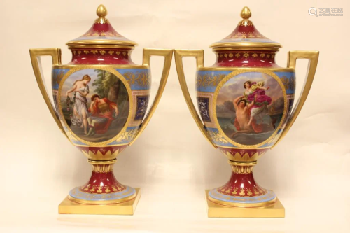 Pair of Royal Vienna Porcelain Vases w Classical F