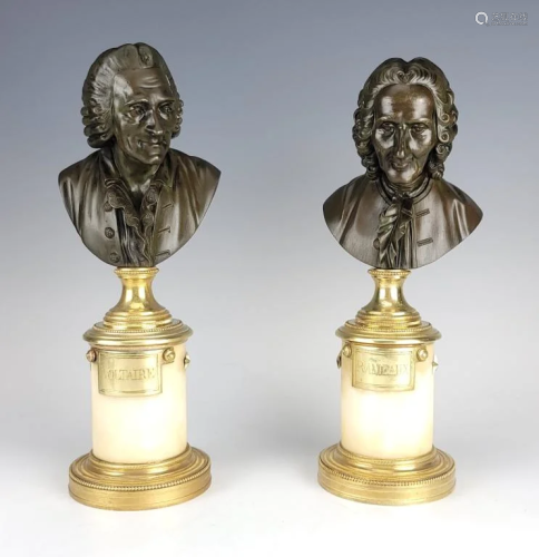 Antique Fine Pair French Bronze Busts Voltaire & R