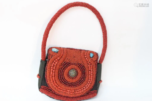 Chinese Bag w Coral Beads and Turquoise