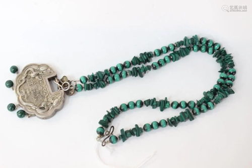 Chinese Lock Pendant w Malachite Necklace