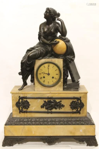 19th.C Clock w Bronze Classical Figural&Siena Marb