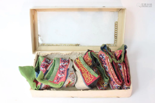Three Pair Chinese Silk Shoes in a Box