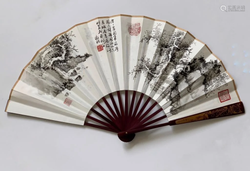 Chinese Ink Color Fan w Painting and Calligraphy